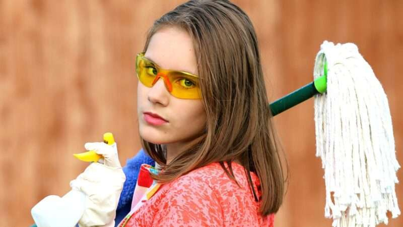 girl, goggles, mop